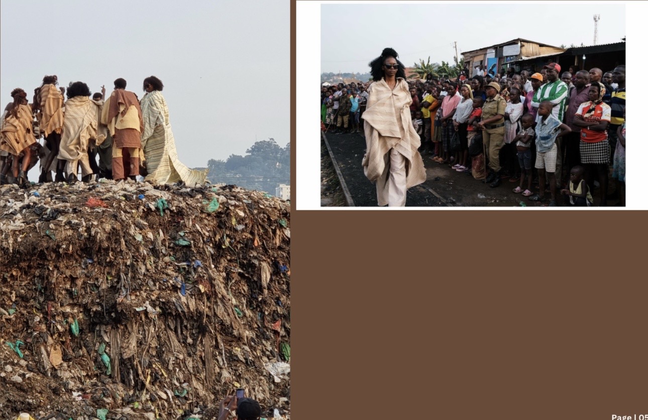 Bobbin Case editorial — models in Gunia fabric standing on a Kampala rubbish dump, with a model walking before a community crowd in the street