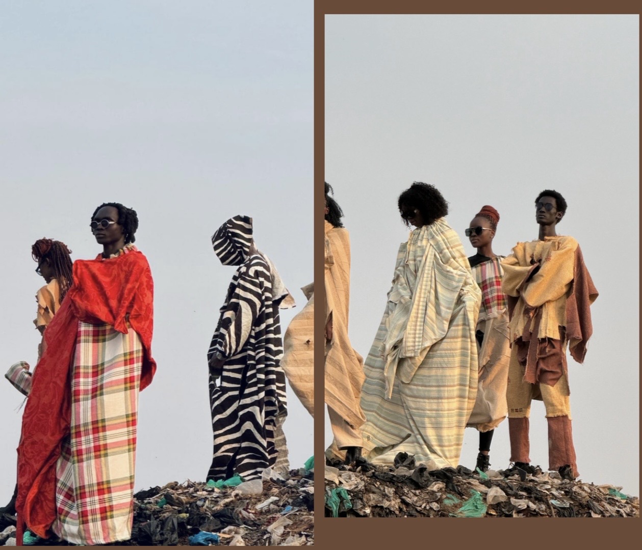 Bobbin Case Kwetu Kwanza — models wearing draped Gunia fabric garments standing on a Kampala landfill site against a pale sky, bold editorial fashion